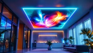 A photograph of a modern led display screen seamlessly integrated into a ceiling