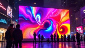 A photograph of a vibrant led display sign in an urban setting