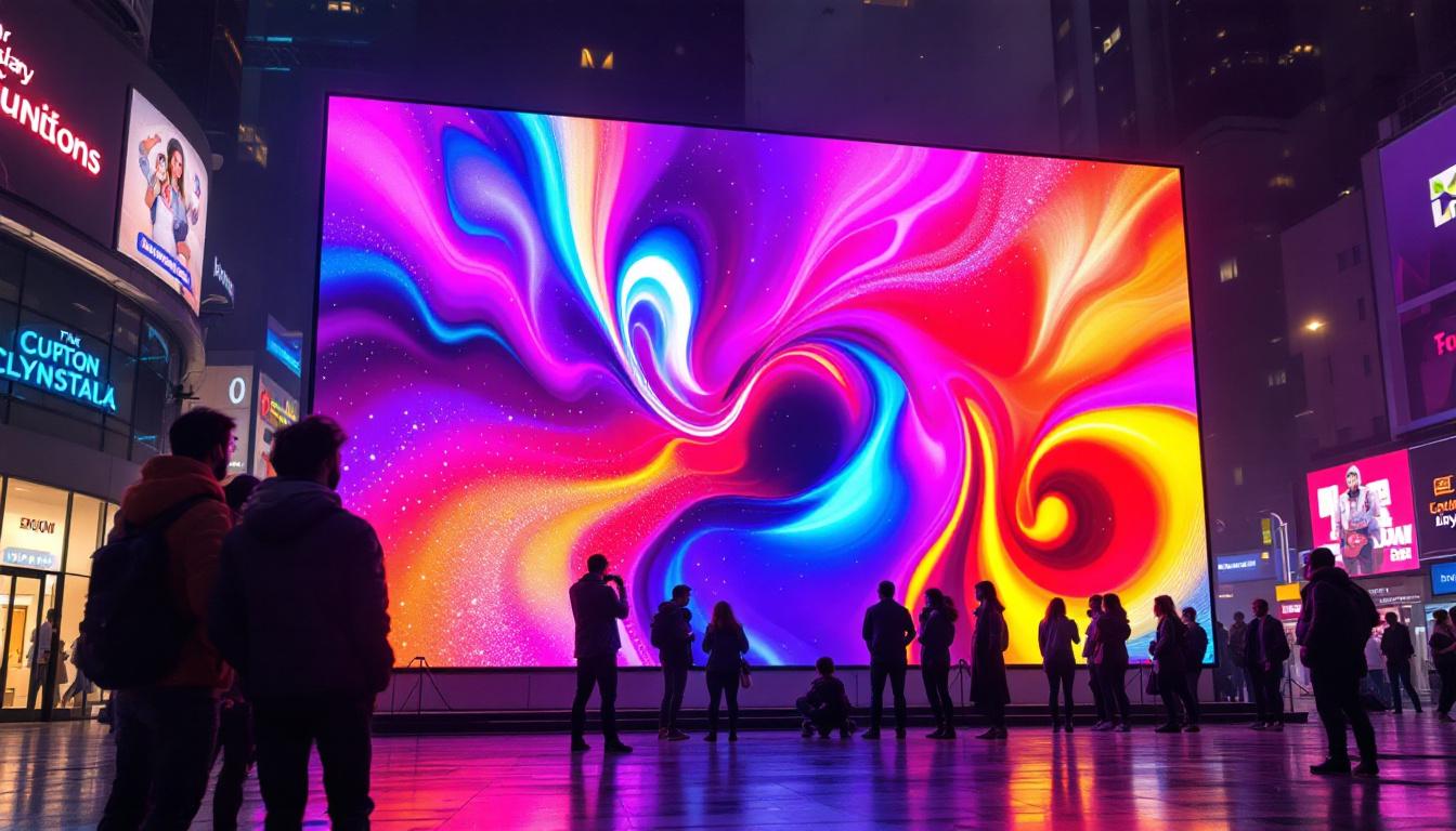 A photograph of a vibrant led display sign in an urban setting