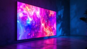 A photograph of a vibrant led display projecting a captivating image onto a textured wall