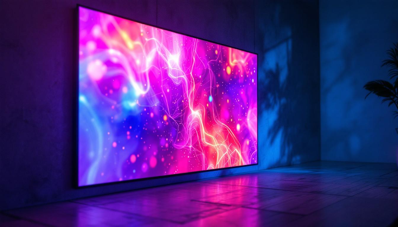 A photograph of a vibrant led display projecting a captivating image onto a textured wall