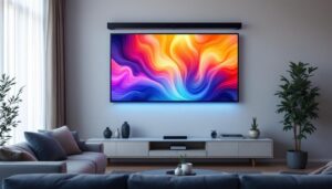 A photograph of a sleek wall-mounted projector screen in a stylish living room setting