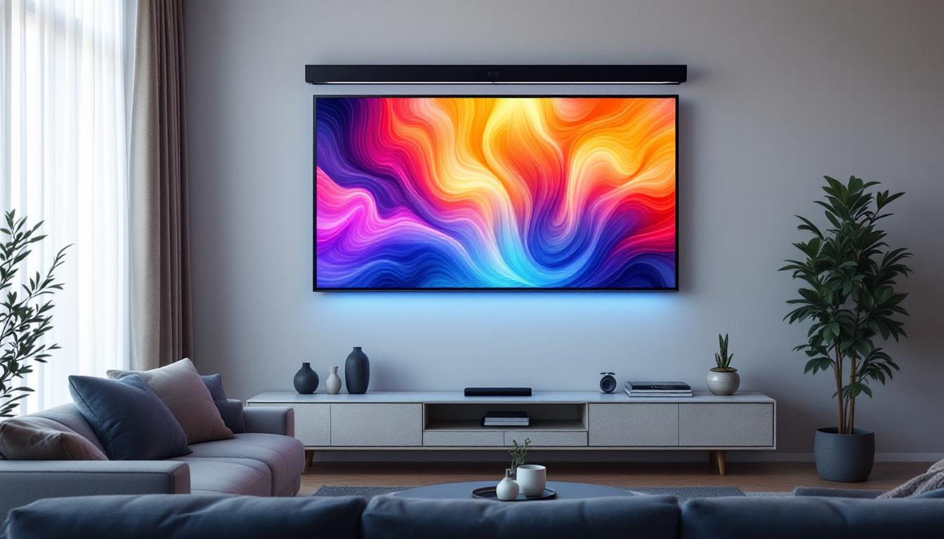 A photograph of a sleek wall-mounted projector screen in a stylish living room setting