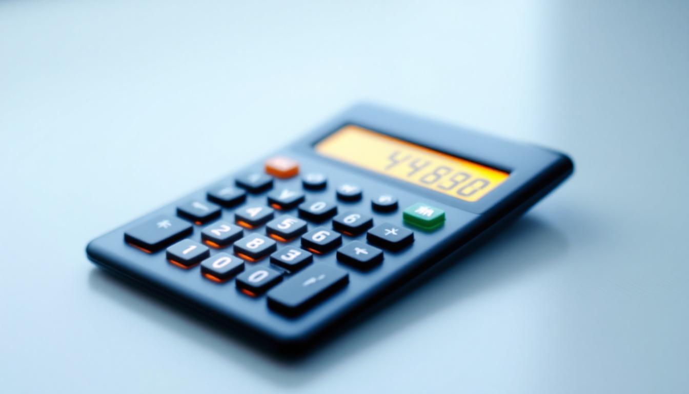 A photograph of a close-up of a modern lcd calculator with a clear led display