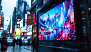 A photograph of a vibrant led display in a bustling urban environment