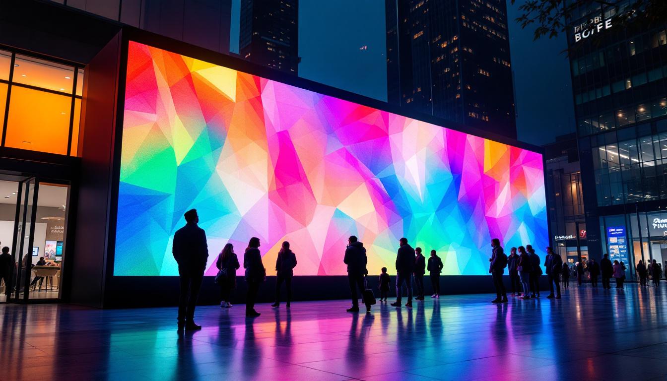 A photograph of a well-lit led display installation in an urban setting