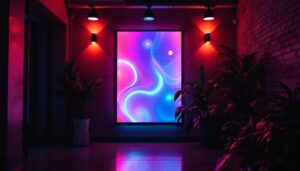 A photograph of a vibrant led poster display in a dimly lit environment