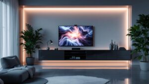 A photograph of a sleek diagonal cabinet featuring an illuminated led display