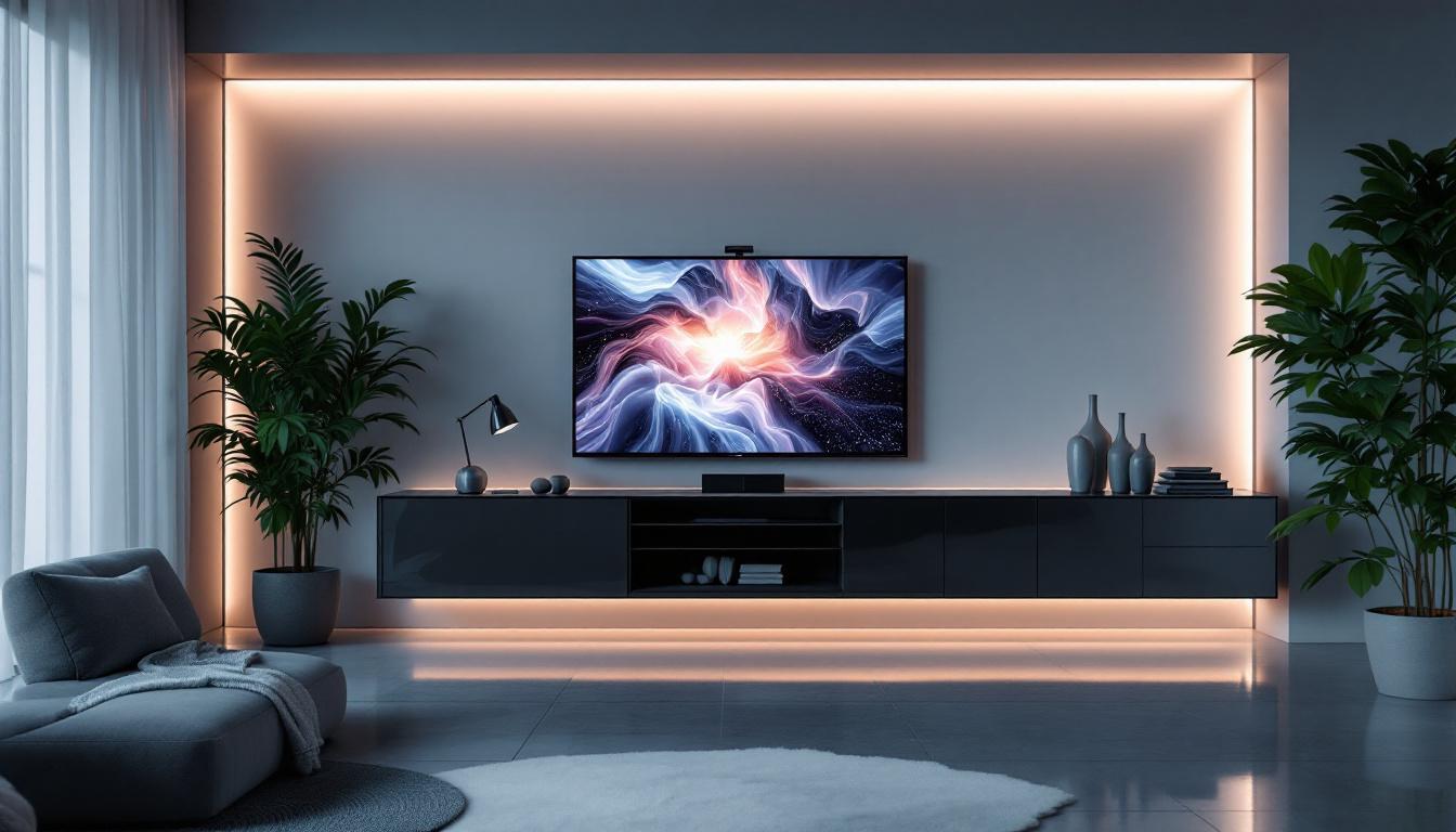 A photograph of a sleek diagonal cabinet featuring an illuminated led display
