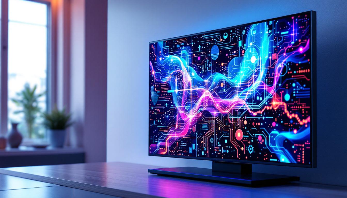 A photograph of a vibrant 4k led display showcasing a dynamic tech-themed wallpaper