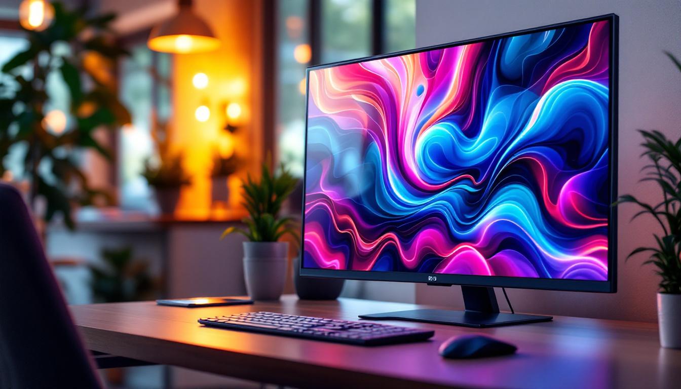 A photograph of a sleek 50-inch led display monitor set up in a modern workspace