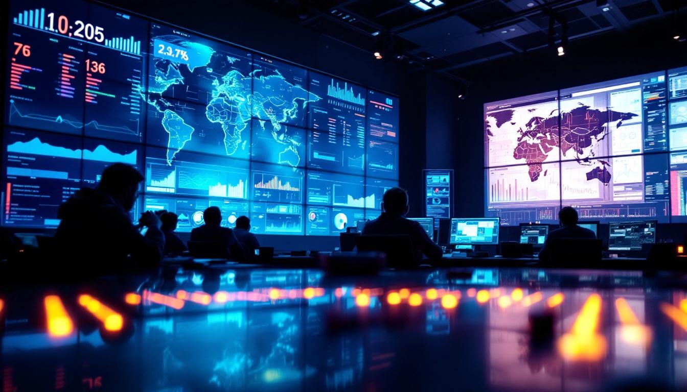 A photograph of a modern control room featuring a large led display in action