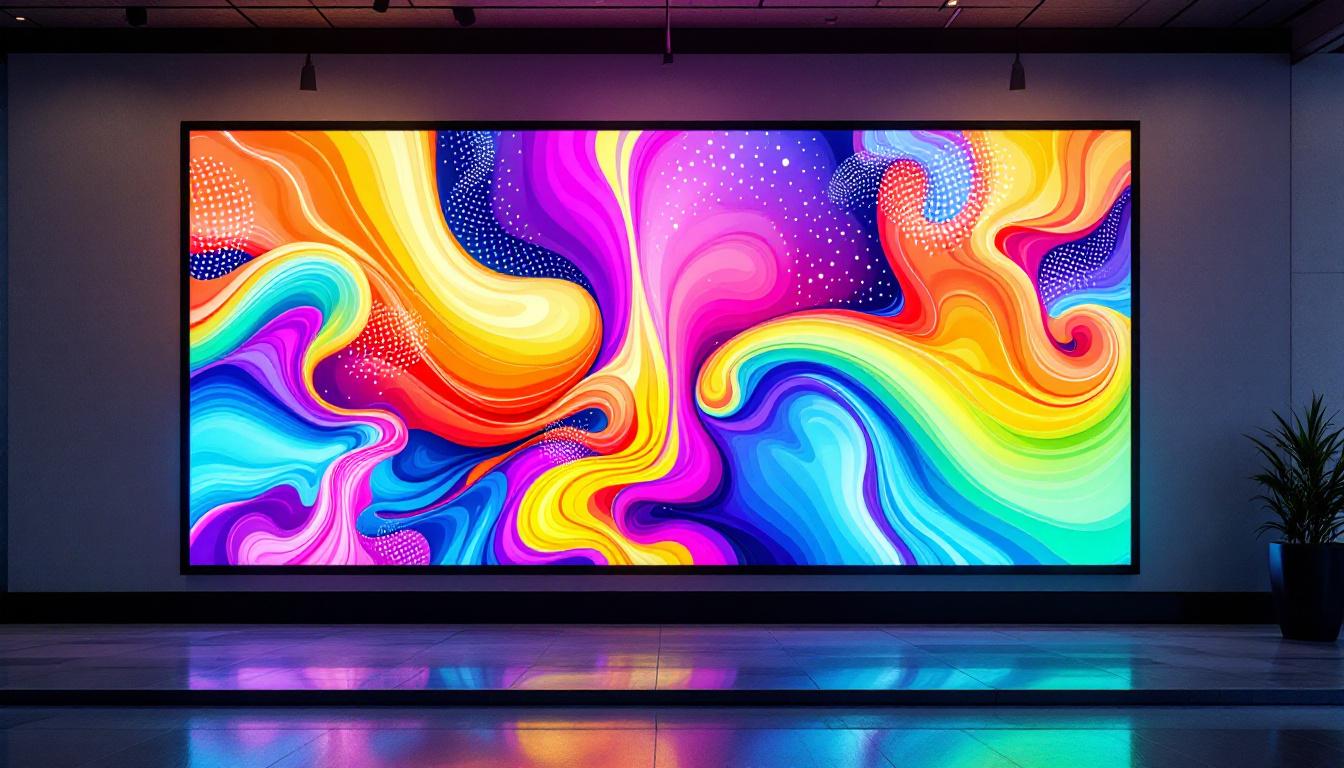 A photograph of a vibrant led display showcasing a colorful wall poster in an urban setting