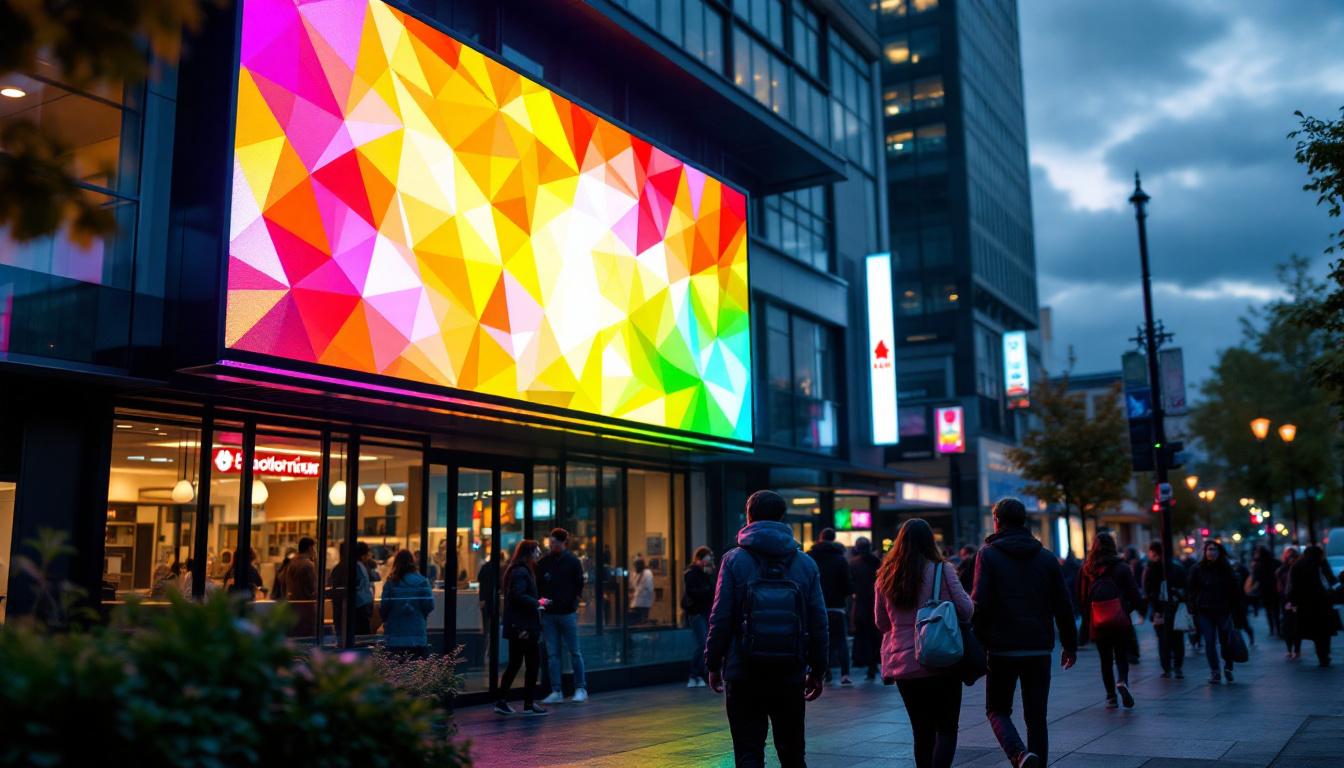 A photograph of capture a photograph of a vibrant led display in a bustling urban setting of beaverton