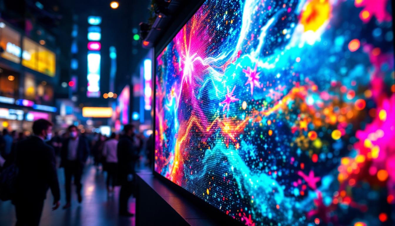 A photograph of a vibrant led display showcasing dynamic video content