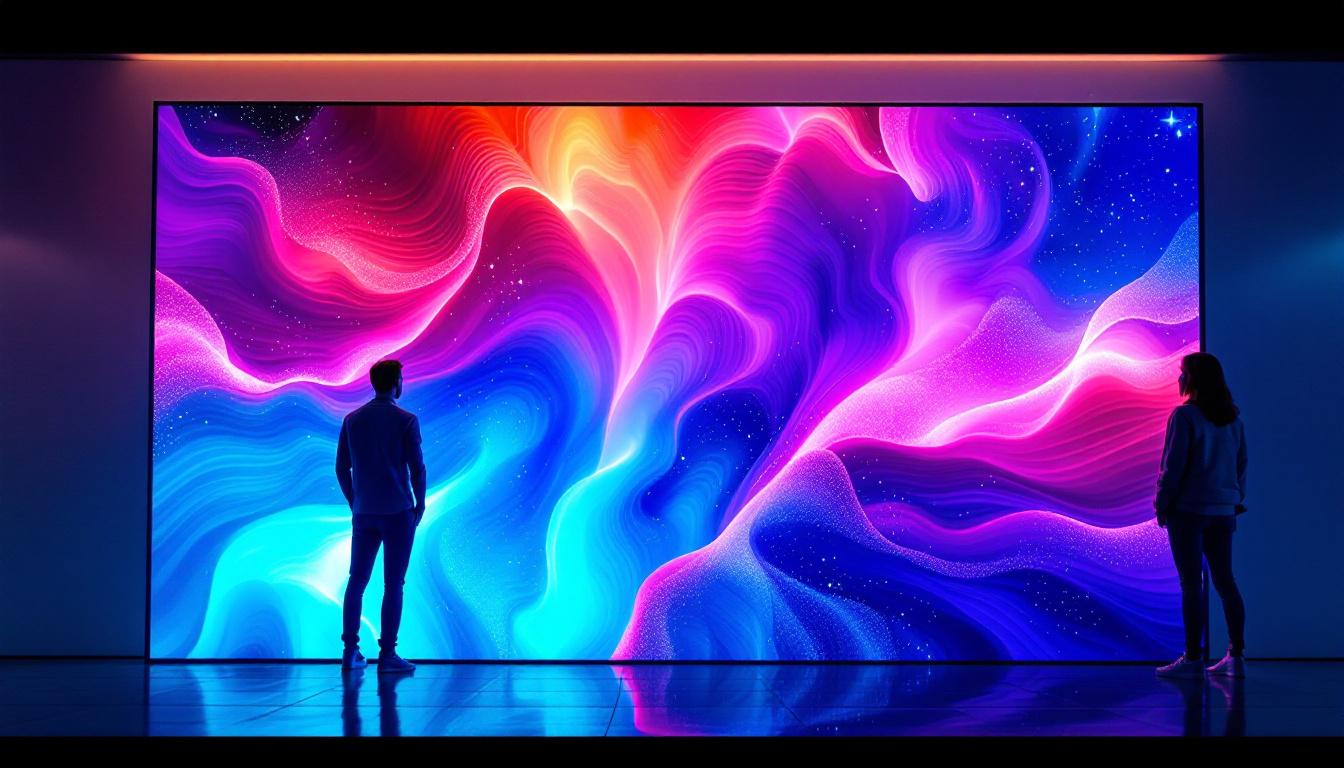 A photograph of a visually striking led display screen measuring 85 inches diagonally