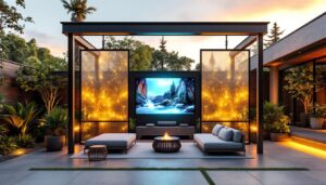 A photograph of a stylish outdoor space featuring modern privacy screen panels with integrated led displays