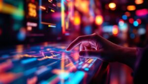 A photograph of a close-up shot of a vibrant led touch screen display in use