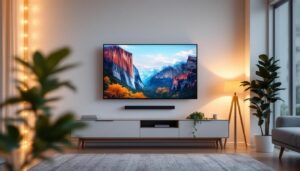 A photograph of a stylishly mounted led tv in a corner of a modern living room