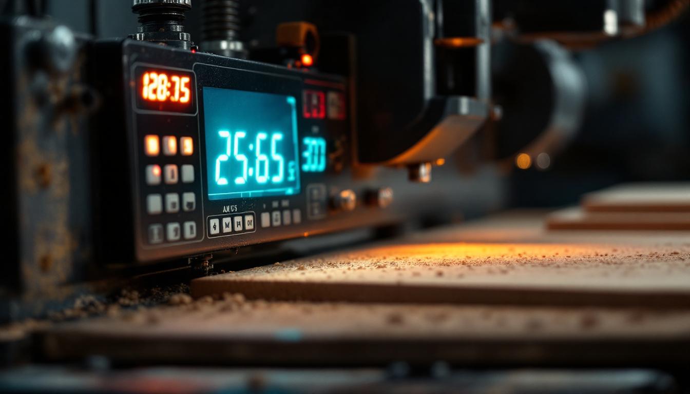 A photograph of a close-up shot of an industrial planer in action