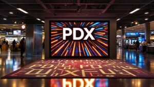 A photograph of a vibrant led display showcasing the iconic pdx carpet pattern