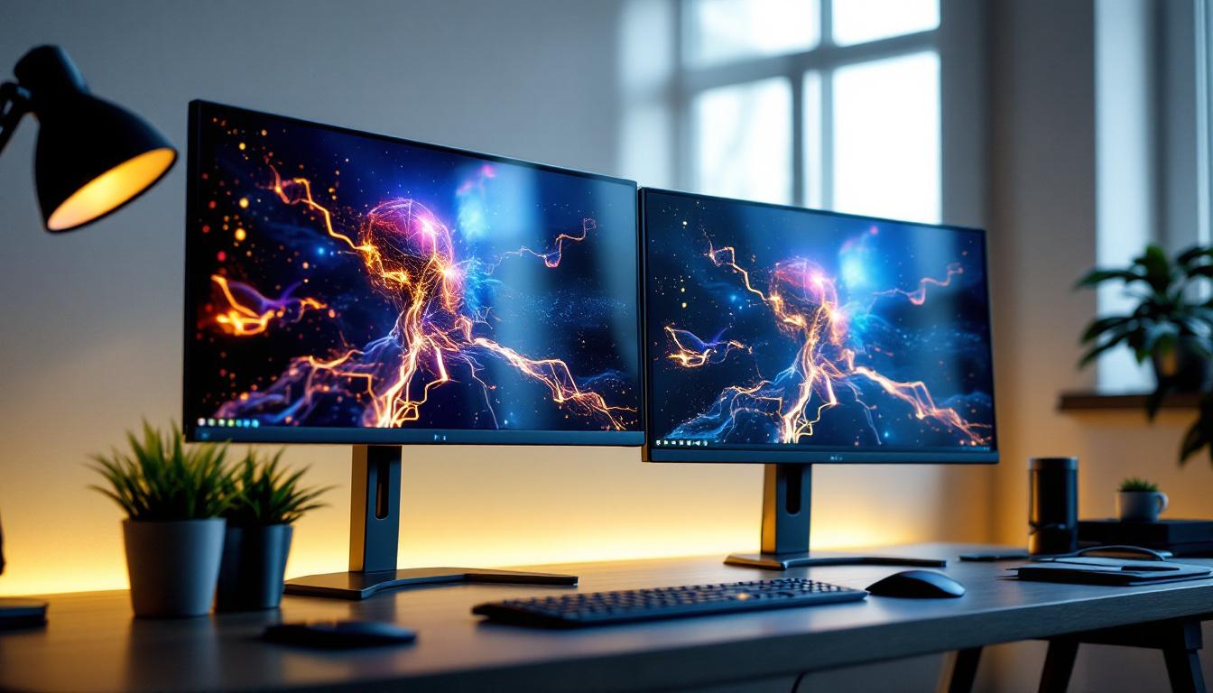 A photograph of a sleek dual 27-inch led monitor setup on a stylish desk