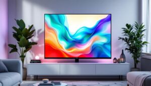 A photograph of a sleek pixel television displaying vibrant led visuals in a modern living room setting