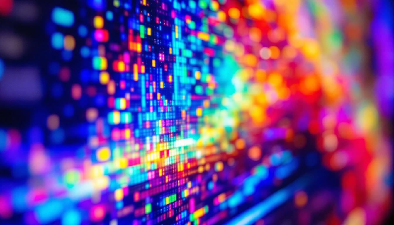 A photograph of a close-up view of a vibrant led monitor displaying a colorful image