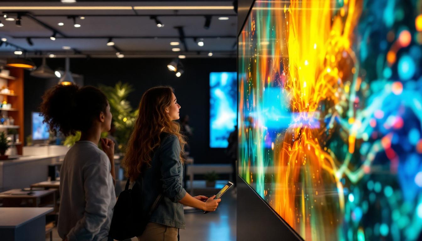 A photograph of a vibrant showroom featuring an eye-catching led display in action