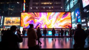 A photograph of a vibrant led display in a bustling urban environment