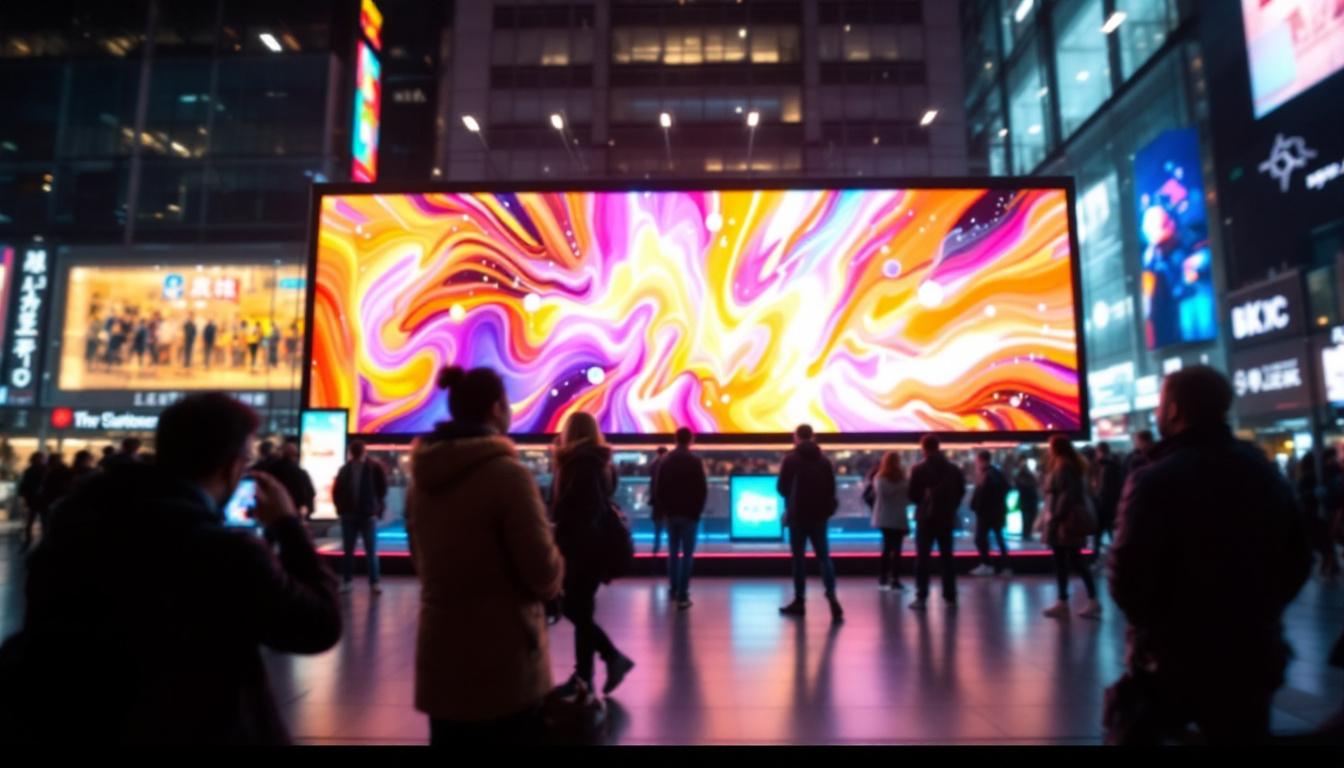 A photograph of a vibrant led display in a bustling urban environment