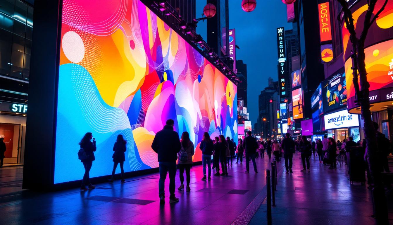 A photograph of a vibrant led display in a bustling urban environment
