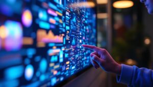 A photograph of capture a photograph of a panel mount touch screen displaying a vibrant led interface in a modern setting