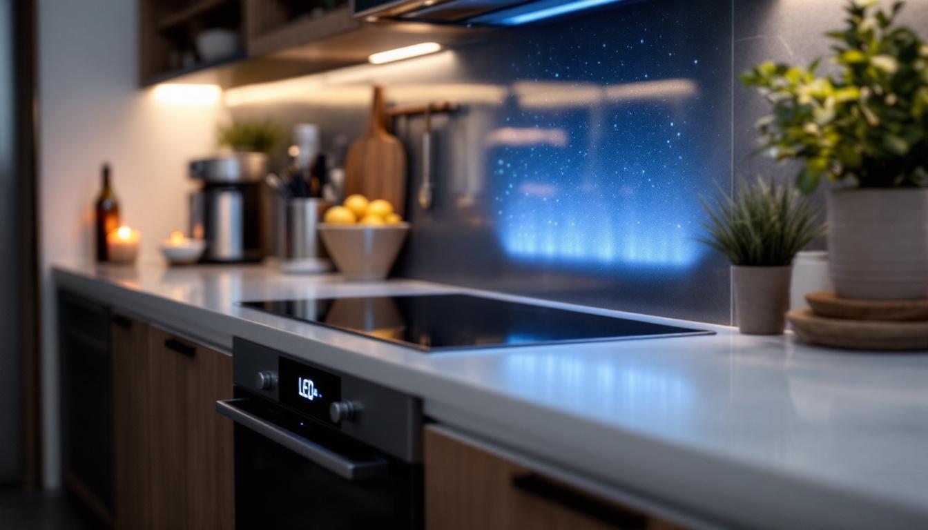 A photograph of a sleek kitchen countertop featuring a modern led display integrated into a stylish appliance