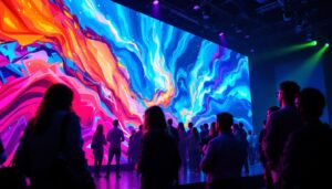 A photograph of a vibrant led display being used as a backdrop in a dynamic event setting