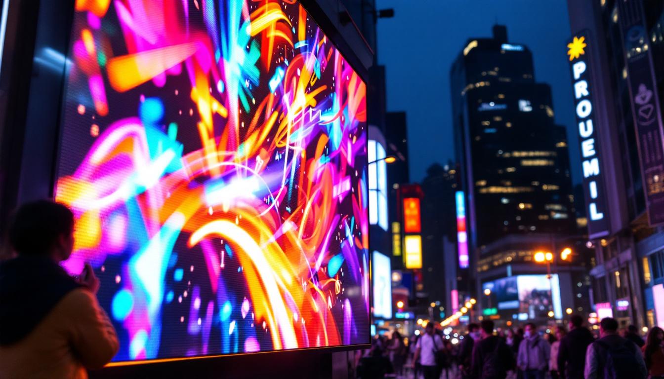 A photograph of a vibrant led display in a bustling urban environment