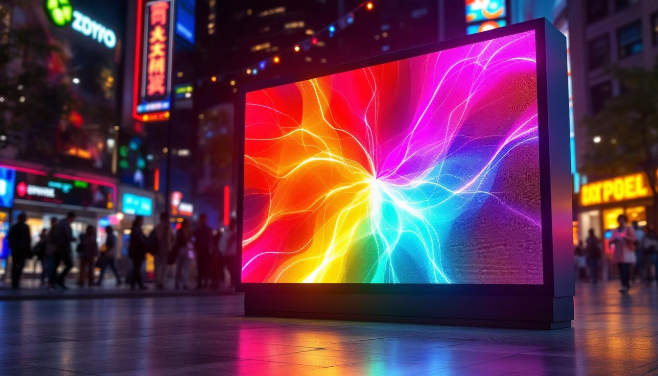 A photograph of a vibrant led display in a dynamic urban setting
