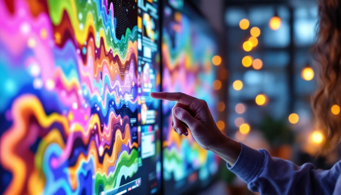 A photograph of a vibrant multi-touch monitor in use