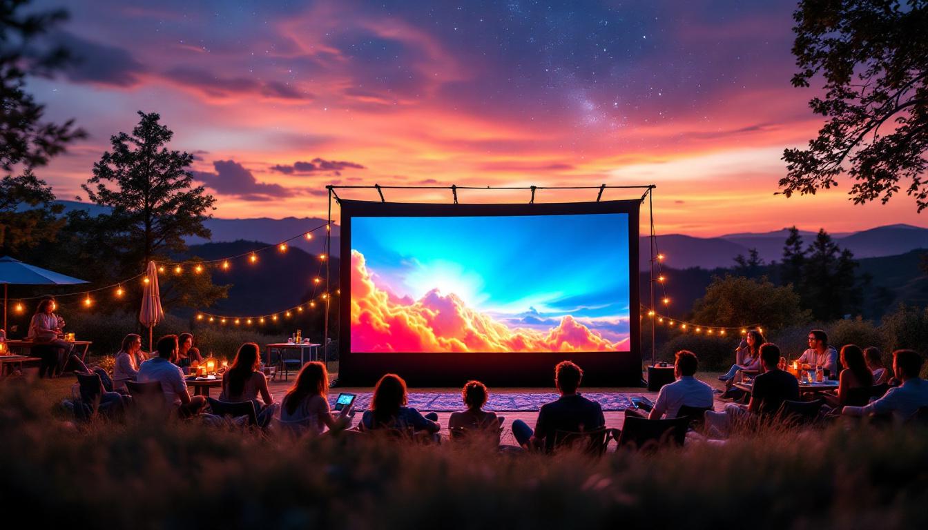 A photograph of a portable outdoor projector screen set up in a picturesque outdoor setting