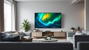 A photograph of a spacious living room setting featuring the rent a center 85-inch led tv prominently displayed