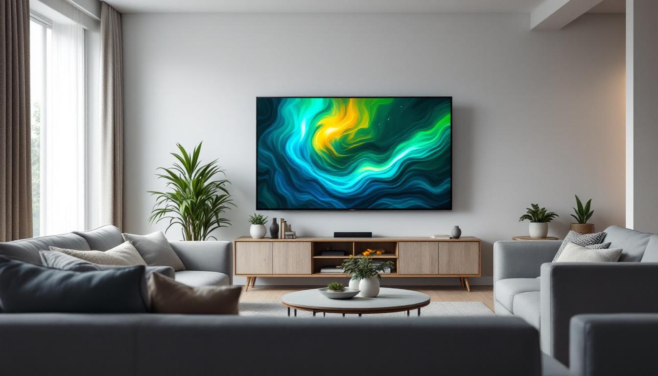 A photograph of a spacious living room setting featuring the rent a center 85-inch led tv prominently displayed