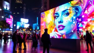 A photograph of a vibrant led display in an urban setting