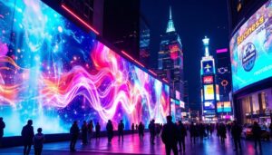 A photograph of a vibrant led display in an urban setting