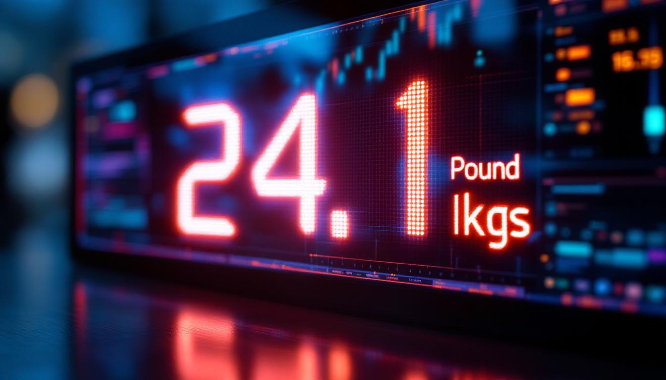A photograph of a digital led display showing the conversion of 24.1 kilograms to pounds