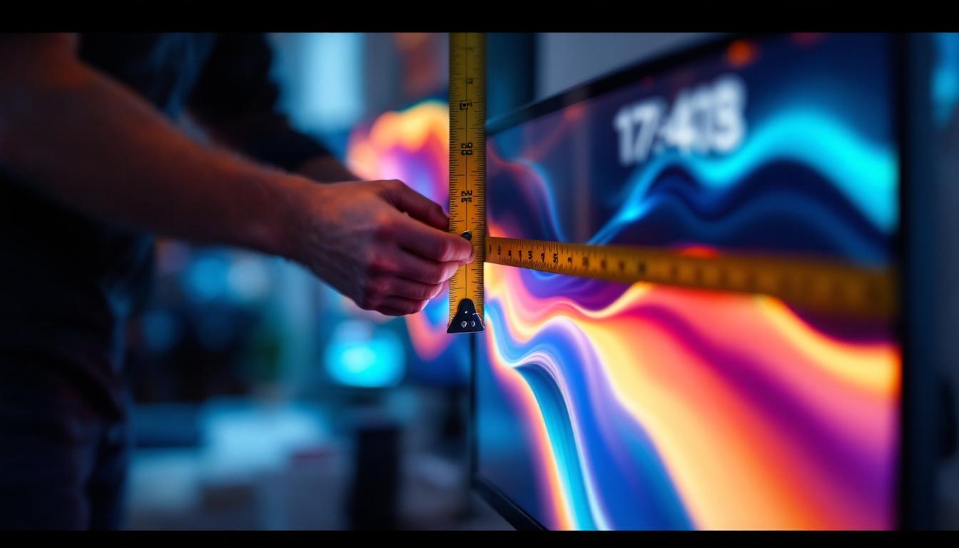 A photograph of a person measuring the diagonal length of a modern led monitor screen using a tape measure