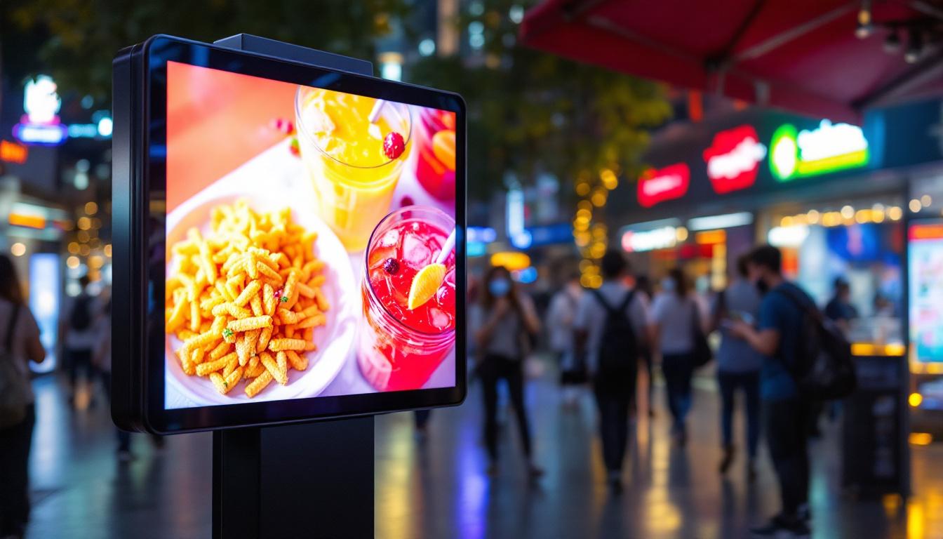 A photograph of capture a photograph of a vibrant digital kiosk featuring a high-resolution led display in a bustling urban setting in malaysia
