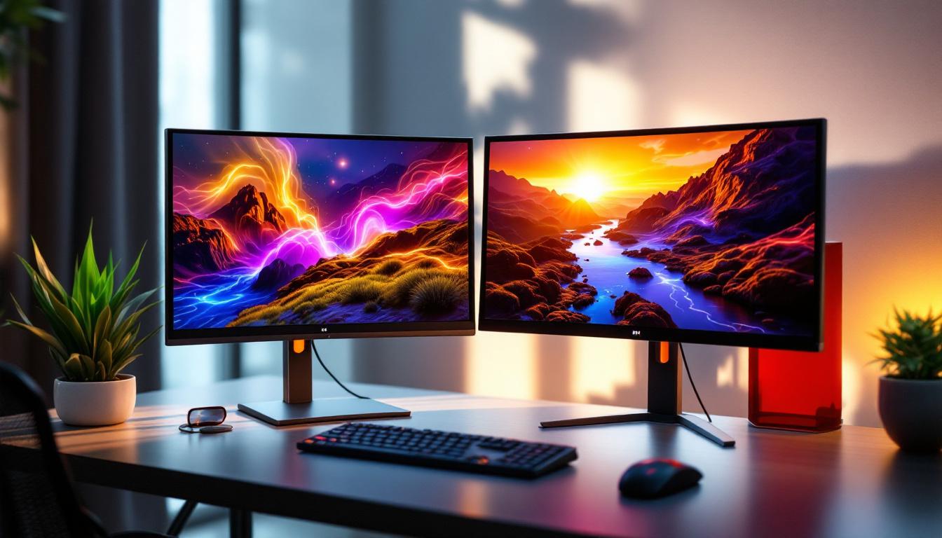 A photograph of a sleek dual monitor setup on a stylish desk