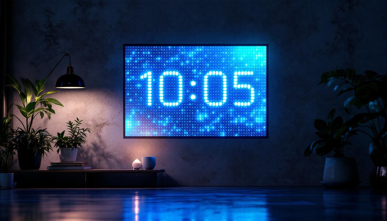 A photograph of a modern led clock display projected onto a textured wall