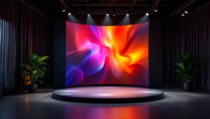 A photograph of a vibrant curved backdrop stand featuring an eye-catching led display in a well-lit environment