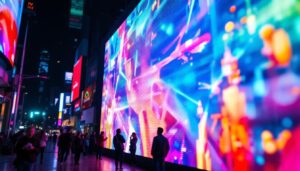 A photograph of a vibrant led display in an urban setting